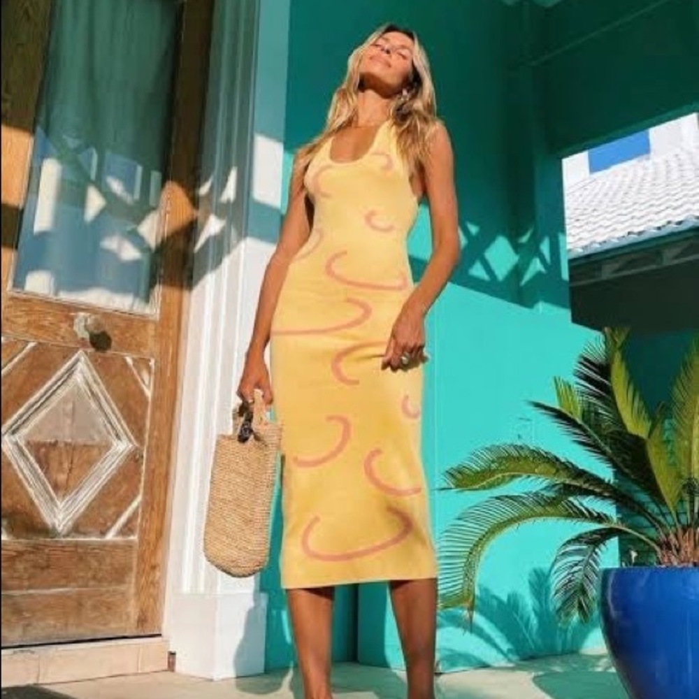 Yellow and pink knit halter maxi dress